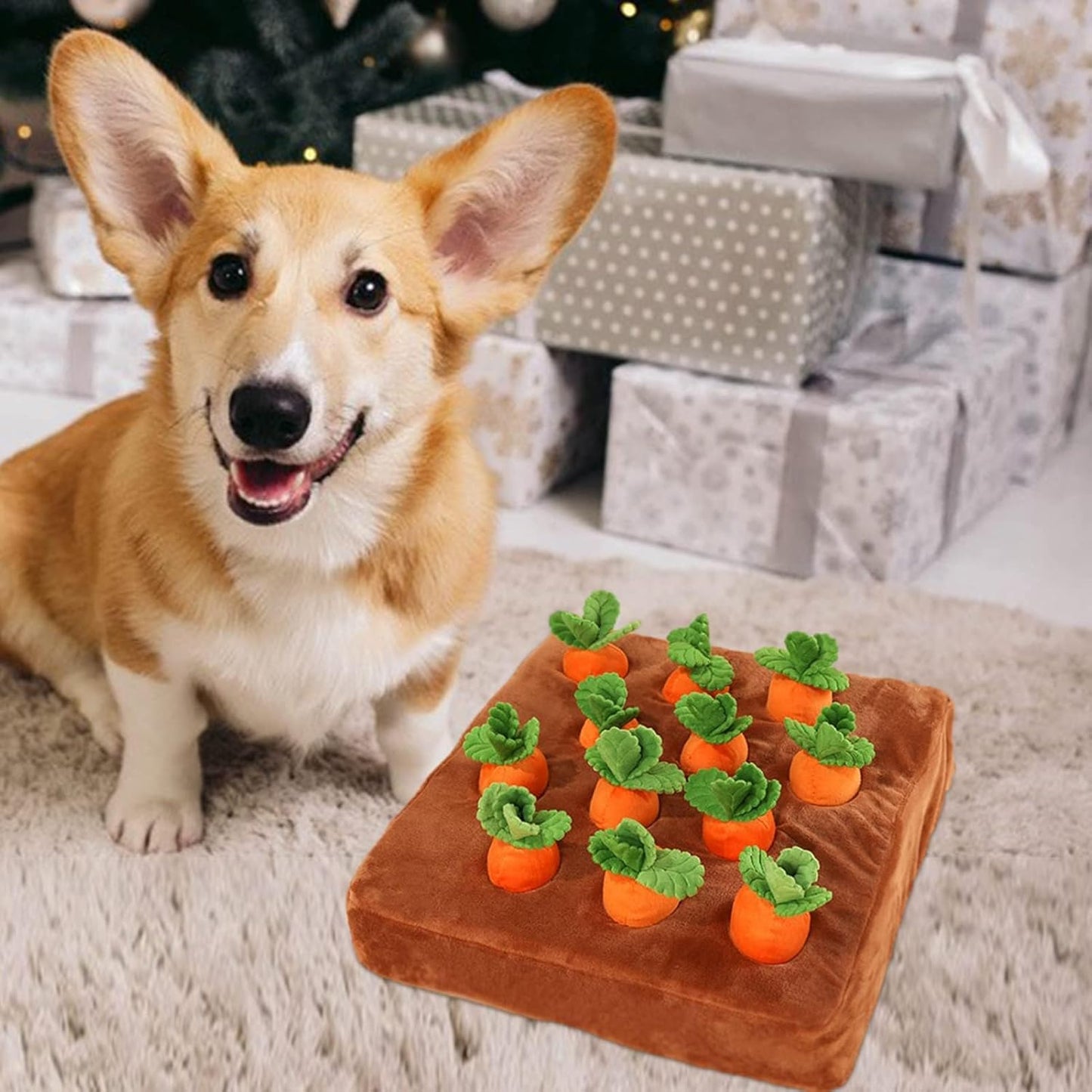 Carrot Dog Snuffle Mat, Interactive Plush Puzzle Toy for Cats and Dogs, Slow Feeding Nosework Game with 12 Carrots