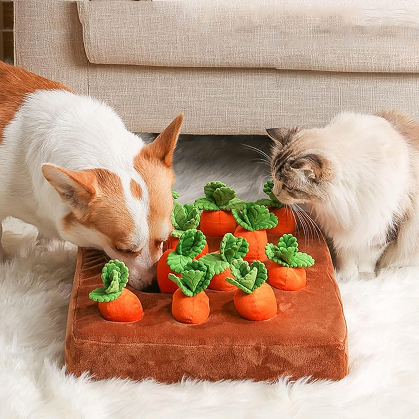 Carrot Dog Snuffle Mat, Interactive Plush Puzzle Toy for Cats and Dogs, Slow Feeding Nosework Game with 12 Carrots