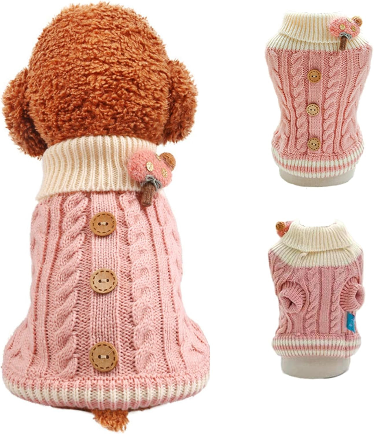 Knitted Dog Cat Sweater Warm Puppy Clothes Turtleneck Elastic Small Pink