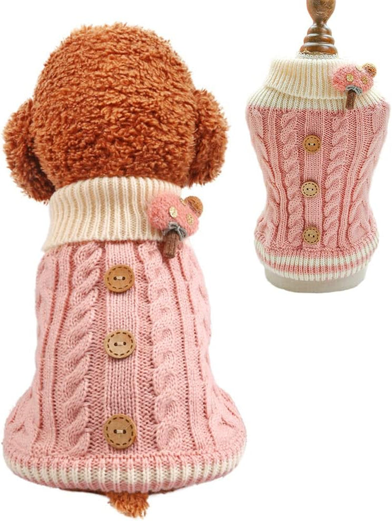 Knitted Dog Cat Sweater Warm Puppy Clothes Turtleneck Elastic Small Pink