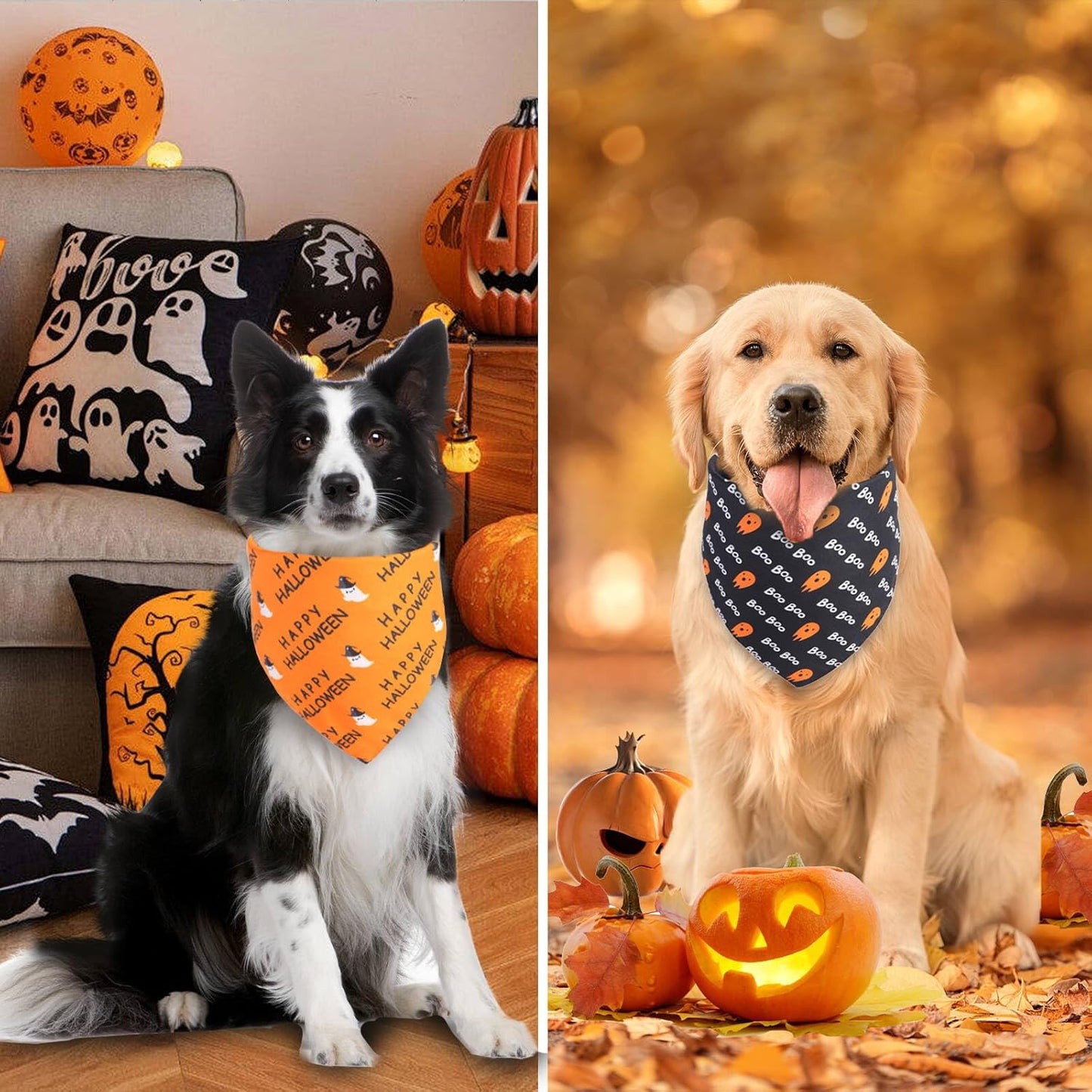 Halloween Dog Cat Bandanas 2PCS, Reversible Triangle Pet Scarf with Pumpkin, Spider, Bat, Ghost Holiday Design
