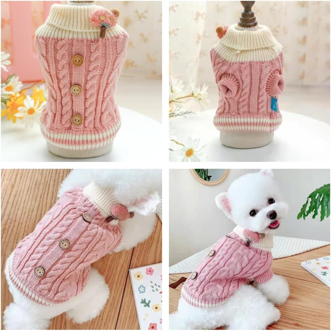 Knitted Dog Cat Sweater Warm Puppy Clothes Turtleneck Elastic Small Pink