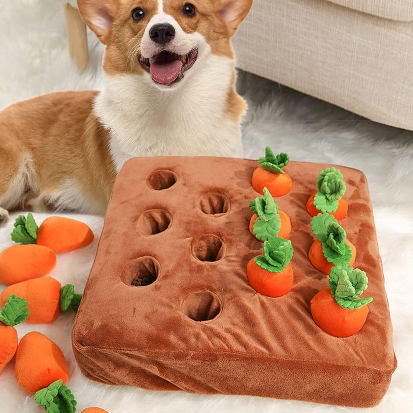 Carrot Dog Snuffle Mat, Interactive Plush Puzzle Toy for Cats and Dogs, Slow Feeding Nosework Game with 12 Carrots