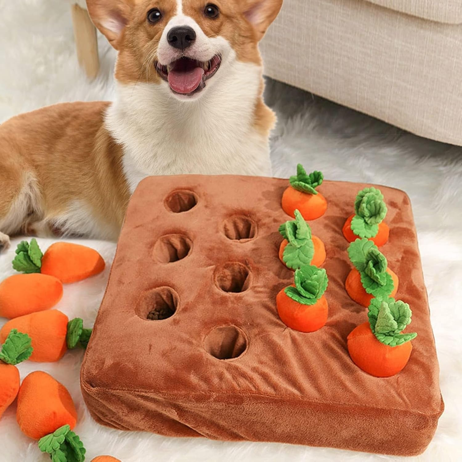 Carrot Dog Snuffle Mat, Interactive Plush Puzzle Toy for Cats and Dogs, Slow Feeding Nosework Game with 12 Carrots