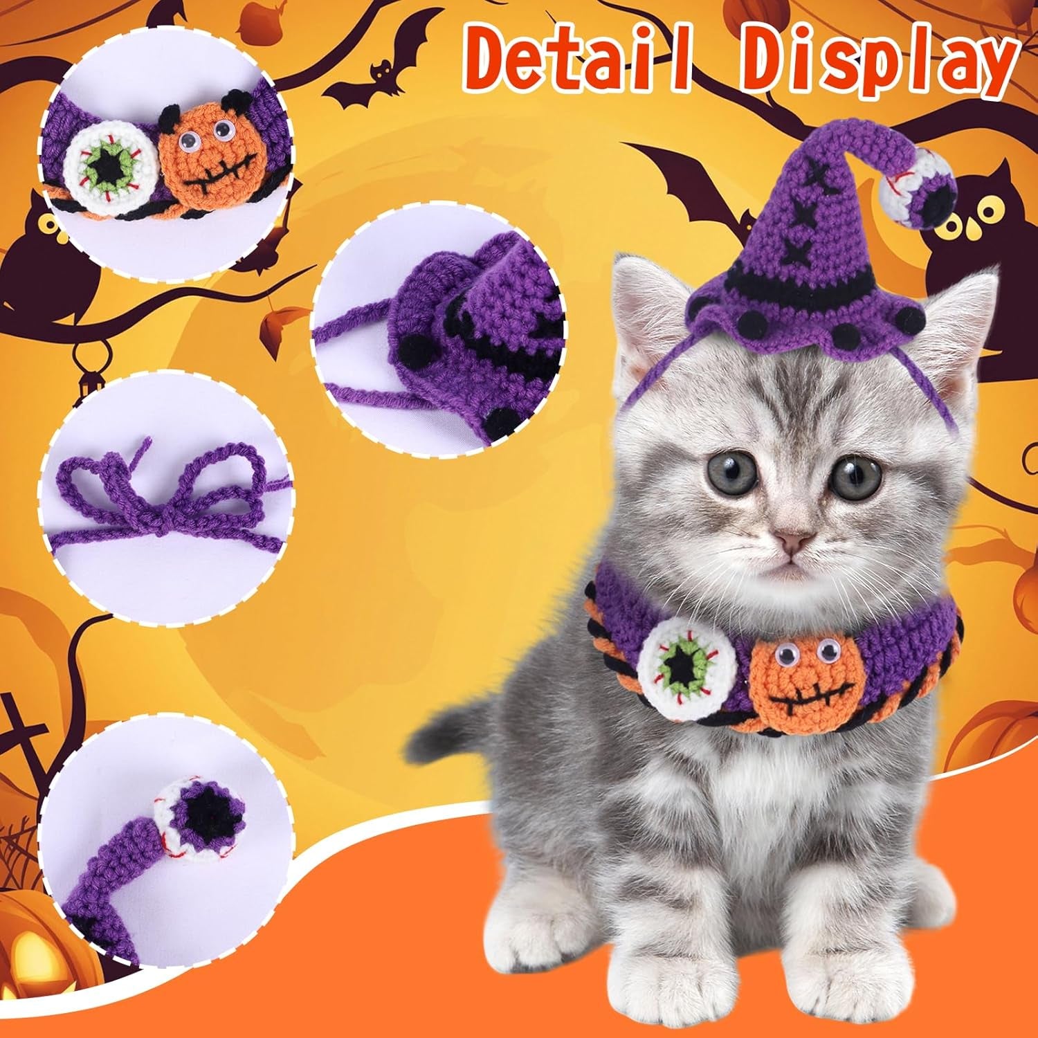 Halloween Pet Costume Set for Cats Small Dog Adjustable Knitted Hat Scarf Pumpkin & Witch Print Puppy Bib Cute Crochet Cat Collar Cap Pet Apparel Outfit (Purple-Eyes)