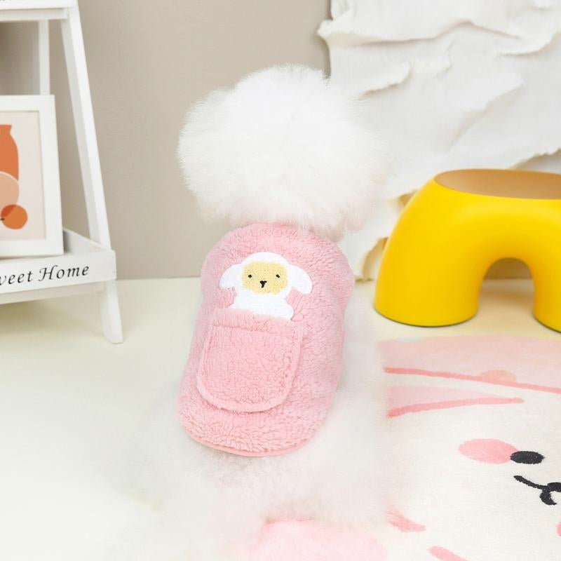Pink Fleece Dog Cat Winter Jacket – Cute Lamb Design with Pocket, Warm Soft Pet Clothes for Small Dogs & Cats
