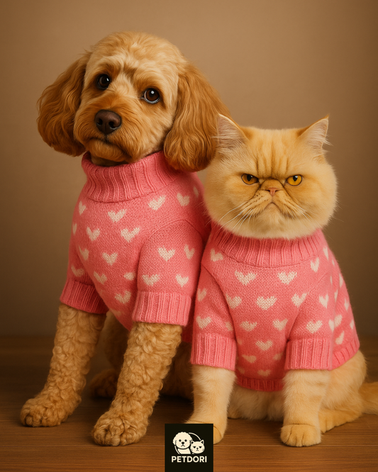 Warm Knitted Dog Sweater with Heart – Puppy & Small Cat Winter Clothes (Pink, S)