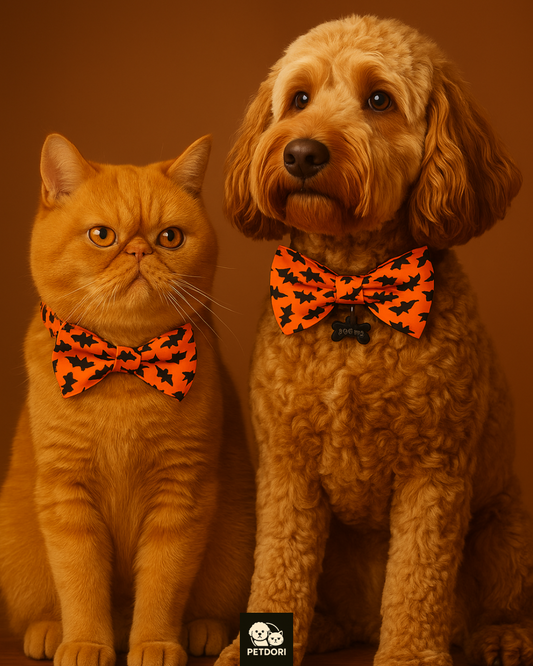 Halloween Dog Collar, Orange Bat Print, Bowtie Charm, Adjustable, Metal Buckle, Large
