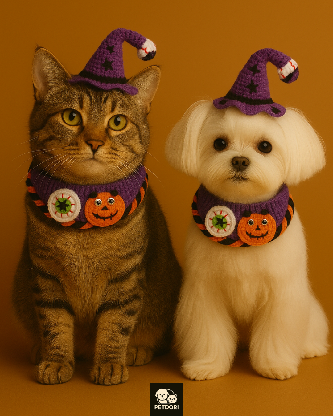 Halloween Pet Costume Set for Cats Small Dog Adjustable Knitted Hat Scarf Pumpkin & Witch Print Puppy Bib Cute Crochet Cat Collar Cap Pet Apparel Outfit (Purple-Eyes)