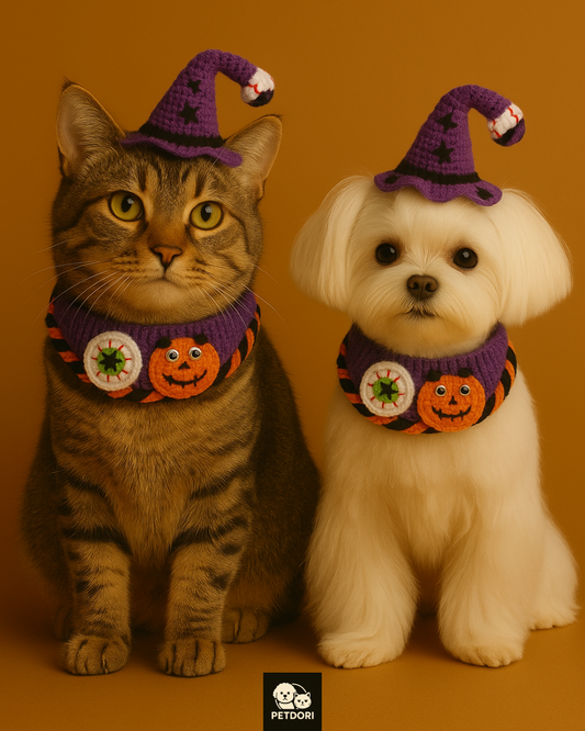 Halloween Pet Costume Set for Cats Small Dog Adjustable Knitted Hat Scarf Pumpkin & Witch Print Puppy Bib Cute Crochet Cat Collar Cap Pet Apparel Outfit (Purple-Eyes)