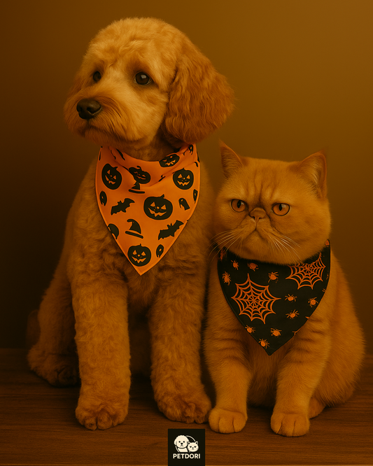 Halloween Dog Cat Bandanas 2PCS, Reversible Triangle Pet Scarf with Pumpkin, Spider, Bat, Ghost Holiday Design