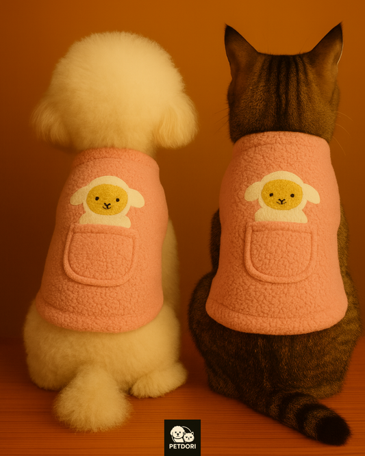 Pink Fleece Dog Cat Winter Jacket – Cute Lamb Design with Pocket, Warm Soft Pet Clothes for Small Dogs & Cats