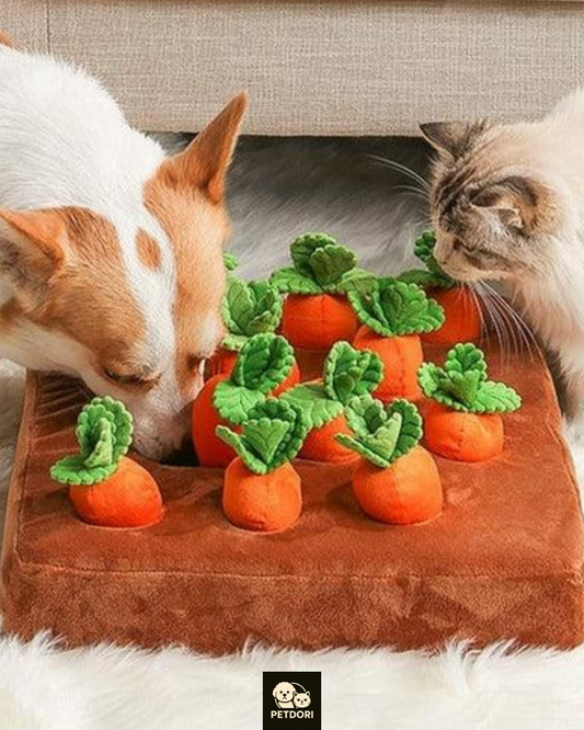 Carrot Dog Snuffle Mat, Interactive Plush Puzzle Toy for Cats and Dogs, Slow Feeding Nosework Game with 12 Carrots