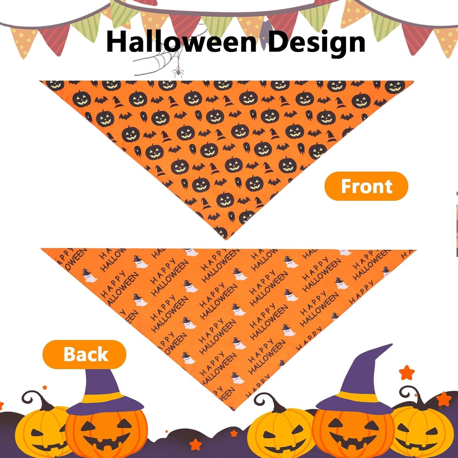Halloween Dog Cat Bandanas 2PCS, Reversible Triangle Pet Scarf with Pumpkin, Spider, Bat, Ghost Holiday Design