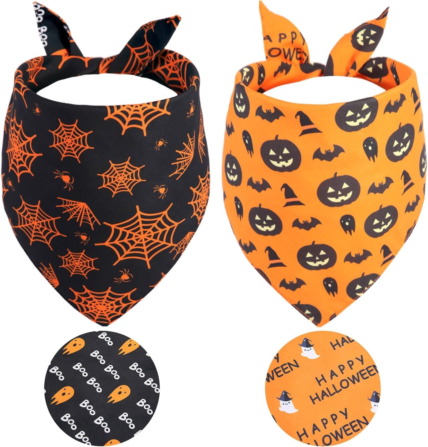 Halloween Dog Cat Bandanas 2PCS, Reversible Triangle Pet Scarf with Pumpkin, Spider, Bat, Ghost Holiday Design