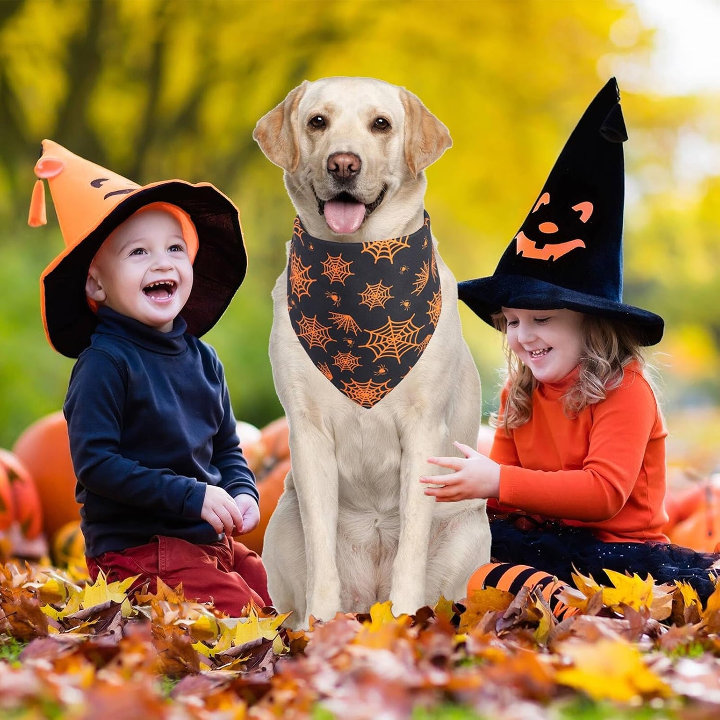 Halloween Dog Cat Bandanas 2PCS, Reversible Triangle Pet Scarf with Pumpkin, Spider, Bat, Ghost Holiday Design