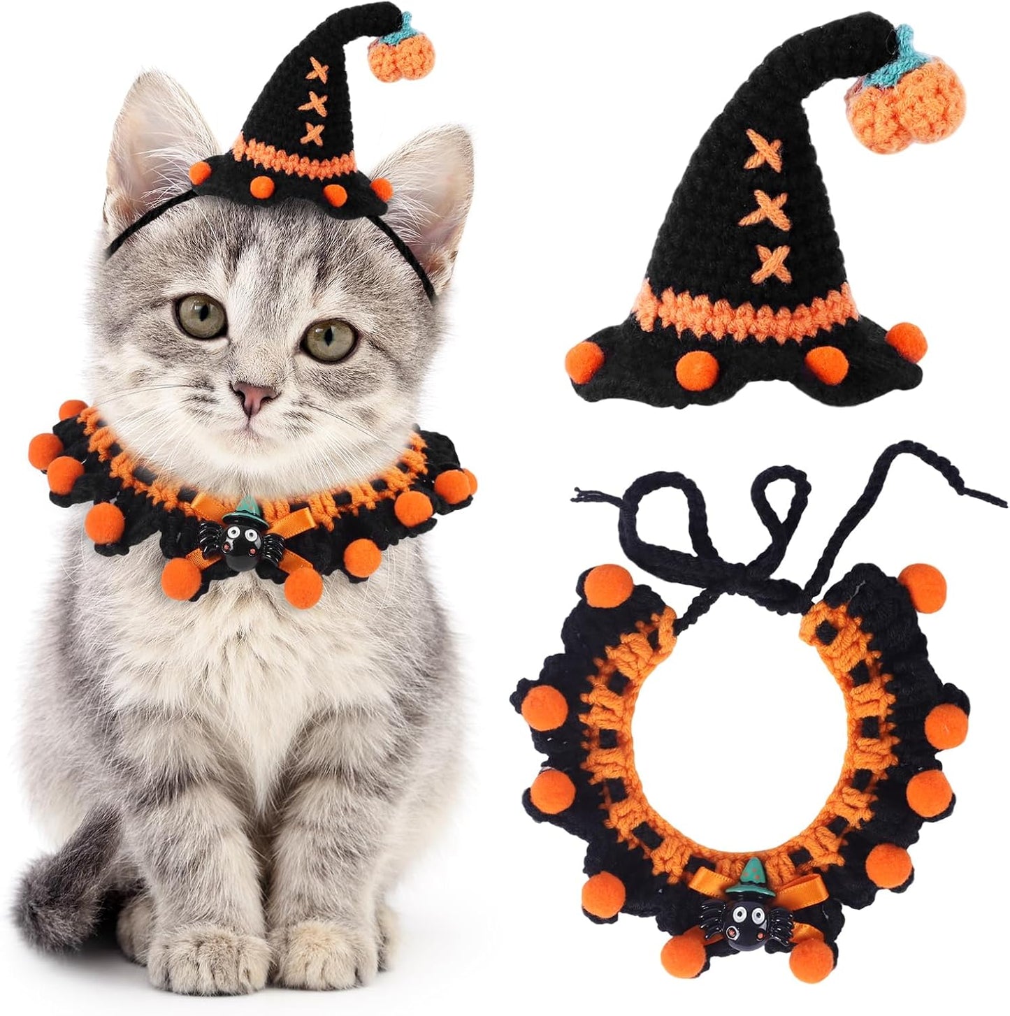 Halloween Pet Costume Set for Cats Small Dog Adjustable Knitted Hat Scarf Pumpkin & Witch Print Puppy Bib Cute Crochet Cat Collar Cap Pet Apparel Outfit (Purple-Eyes)