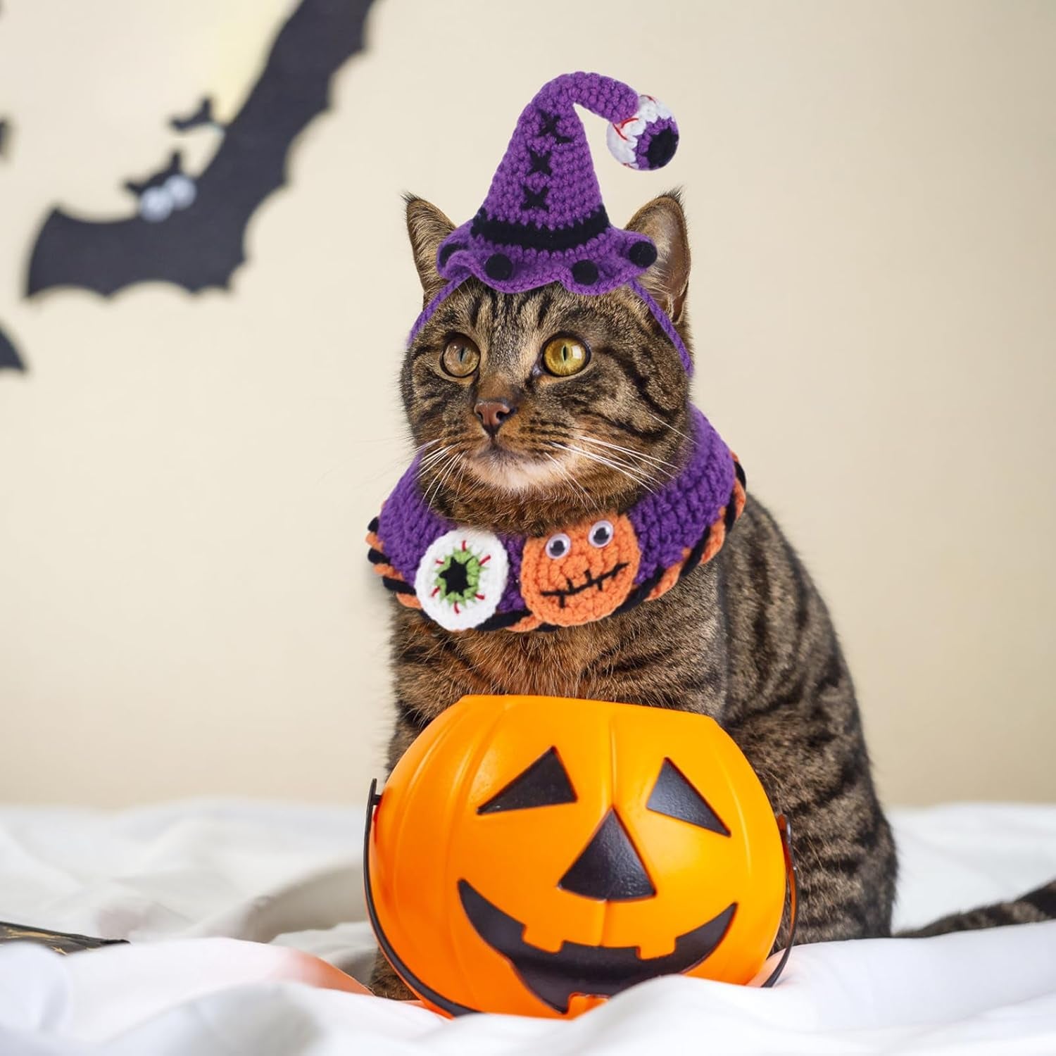 Halloween Pet Costume Set for Cats Small Dog Adjustable Knitted Hat Scarf Pumpkin & Witch Print Puppy Bib Cute Crochet Cat Collar Cap Pet Apparel Outfit (Purple-Eyes)