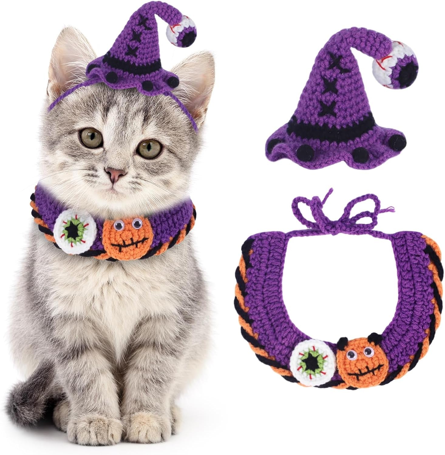 Halloween Pet Costume Set for Cats Small Dog Adjustable Knitted Hat Scarf Pumpkin & Witch Print Puppy Bib Cute Crochet Cat Collar Cap Pet Apparel Outfit (Purple-Eyes)