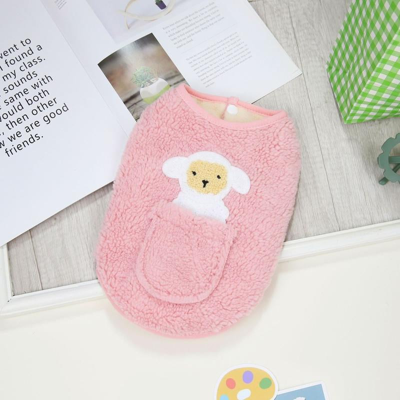 Pink Fleece Dog Cat Winter Jacket – Cute Lamb Design with Pocket, Warm Soft Pet Clothes for Small Dogs & Cats