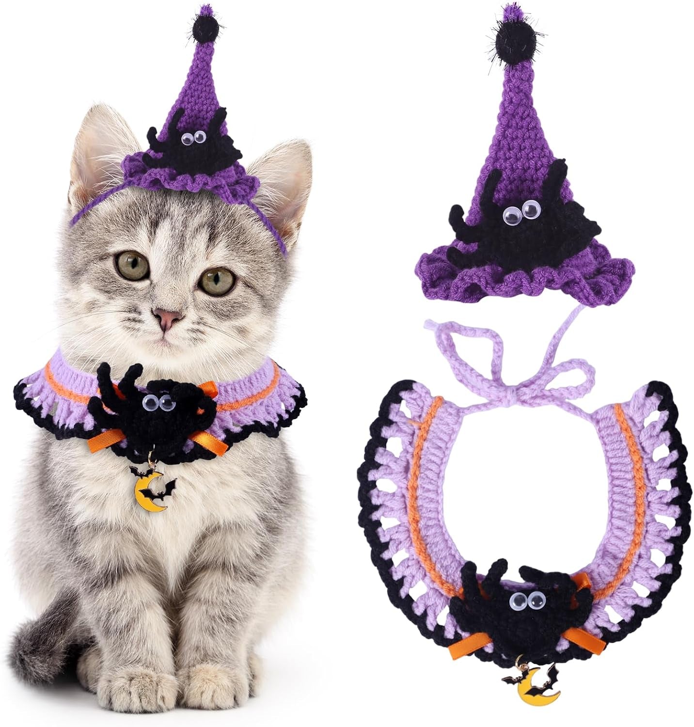 Halloween Pet Costume Set for Cats Small Dog Adjustable Knitted Hat Scarf Pumpkin & Witch Print Puppy Bib Cute Crochet Cat Collar Cap Pet Apparel Outfit (Purple-Eyes)