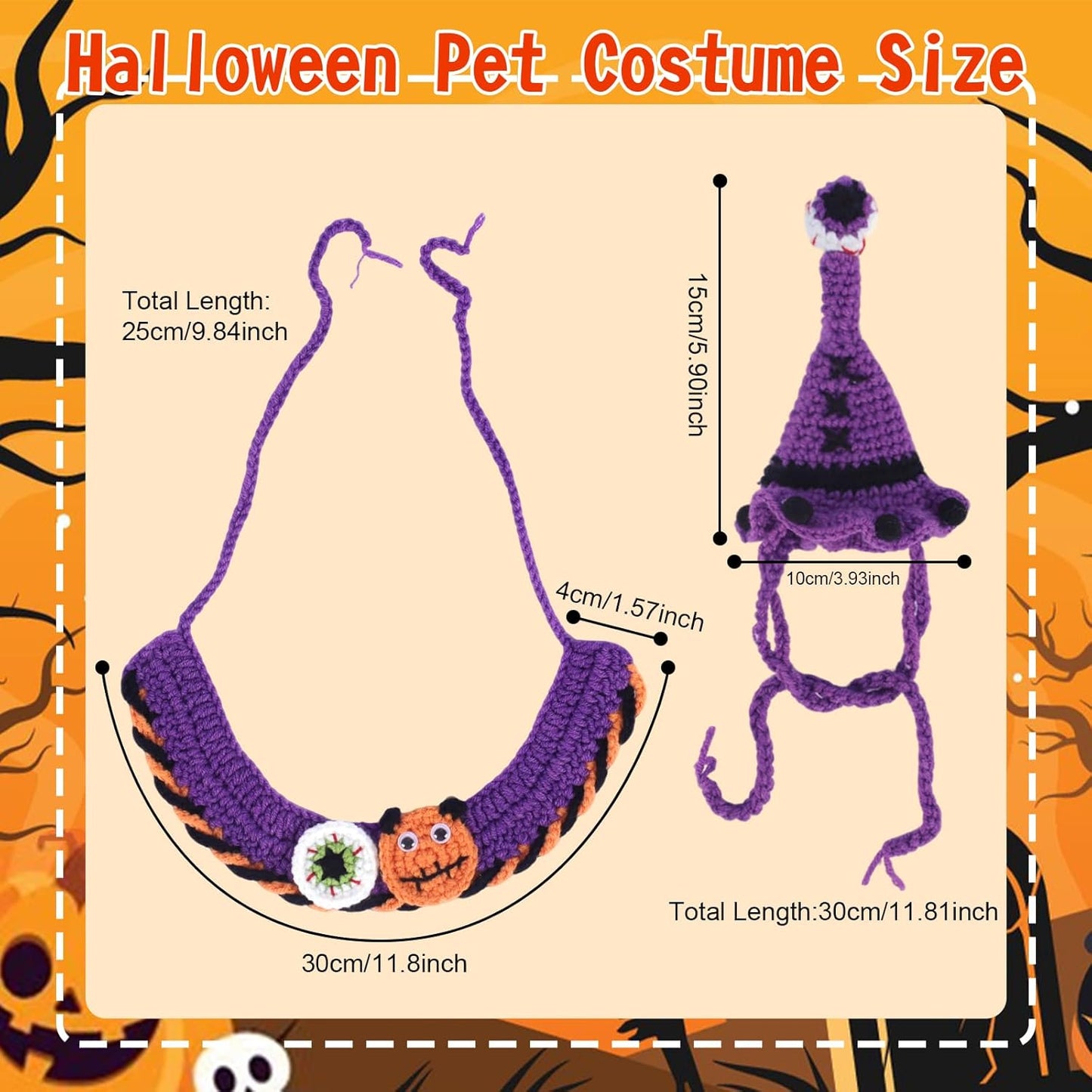 Halloween Pet Costume Set for Cats Small Dog Adjustable Knitted Hat Scarf Pumpkin & Witch Print Puppy Bib Cute Crochet Cat Collar Cap Pet Apparel Outfit (Purple-Eyes)