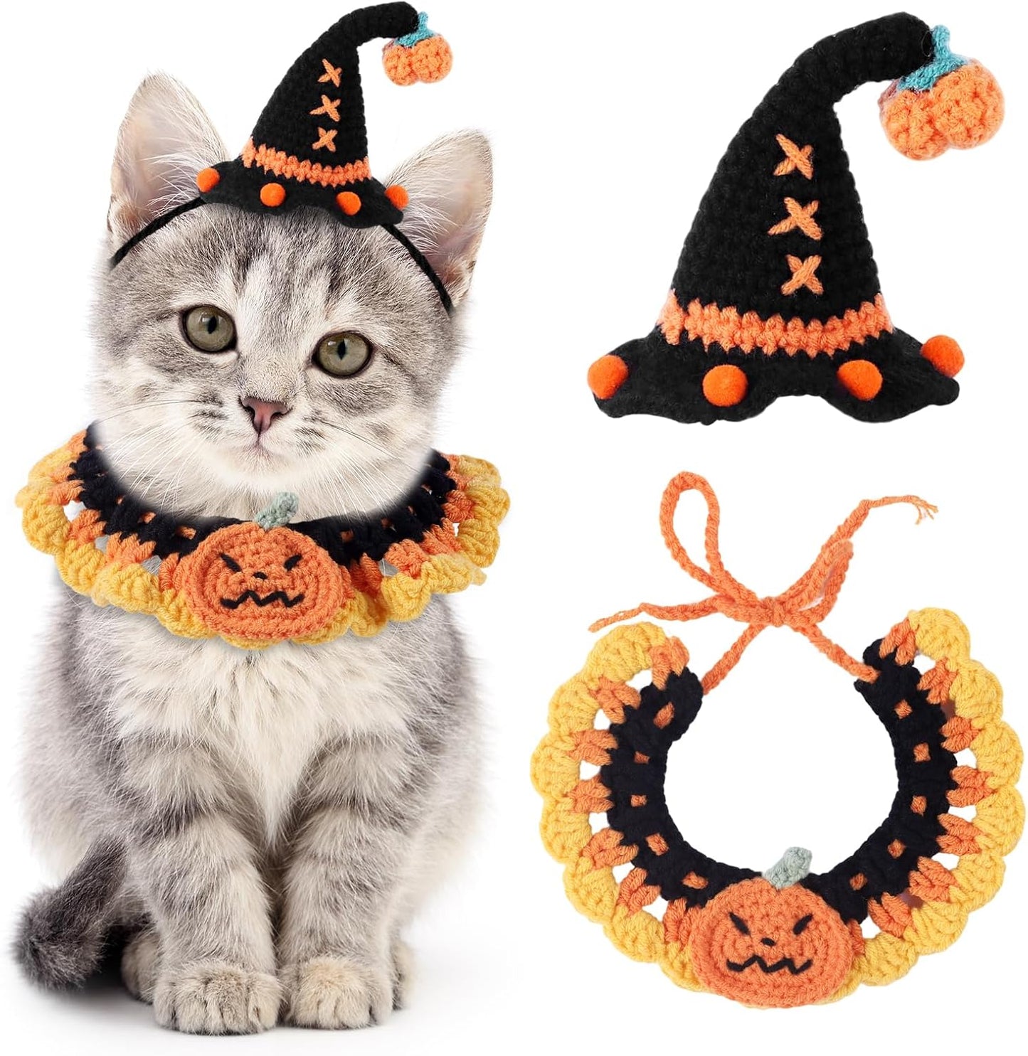 Halloween Pet Costume Set for Cats Small Dog Adjustable Knitted Hat Scarf Pumpkin & Witch Print Puppy Bib Cute Crochet Cat Collar Cap Pet Apparel Outfit (Purple-Eyes)