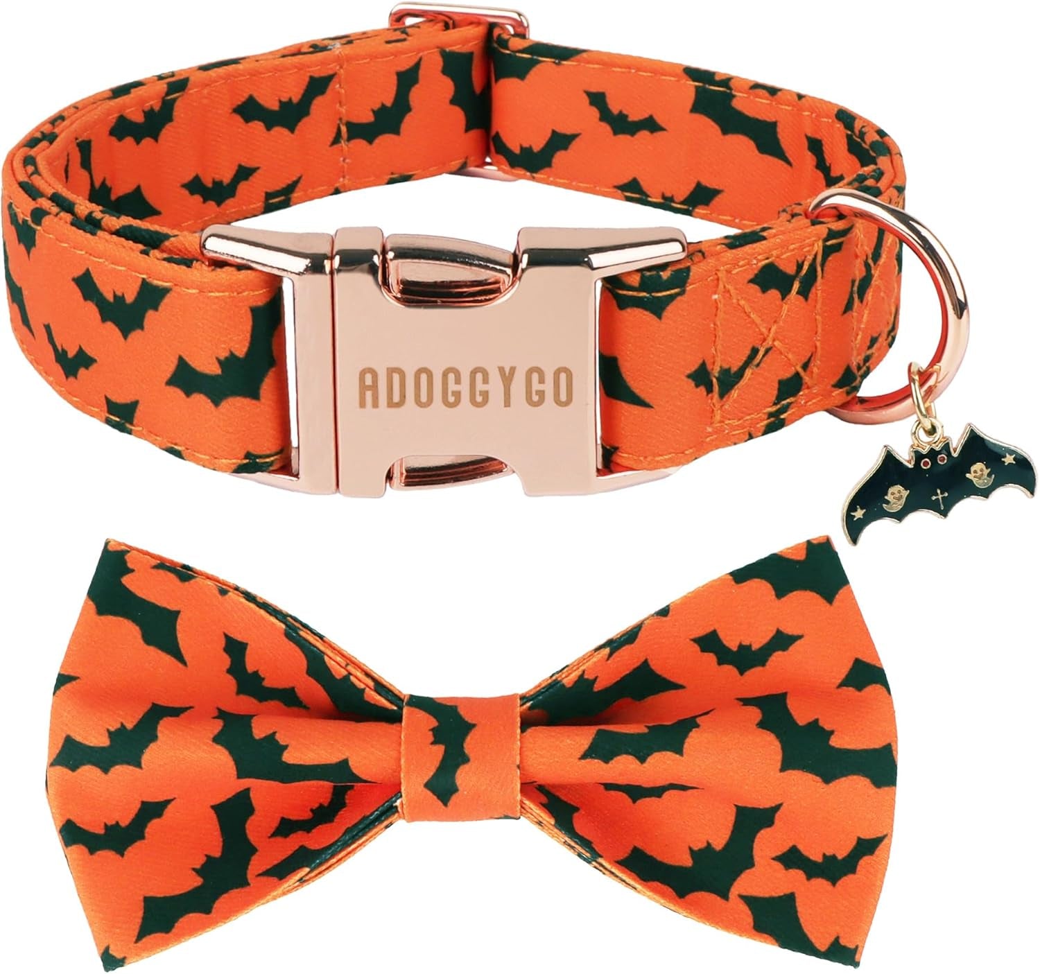 Halloween Dog Collar, Orange Bat Print, Bowtie Charm, Adjustable, Metal Buckle, Large