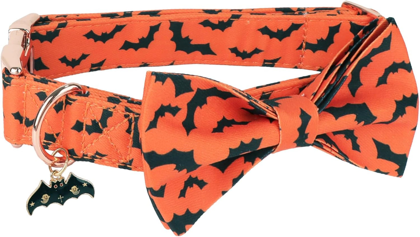 Halloween Dog Collar, Orange Bat Print, Bowtie Charm, Adjustable, Metal Buckle, Large