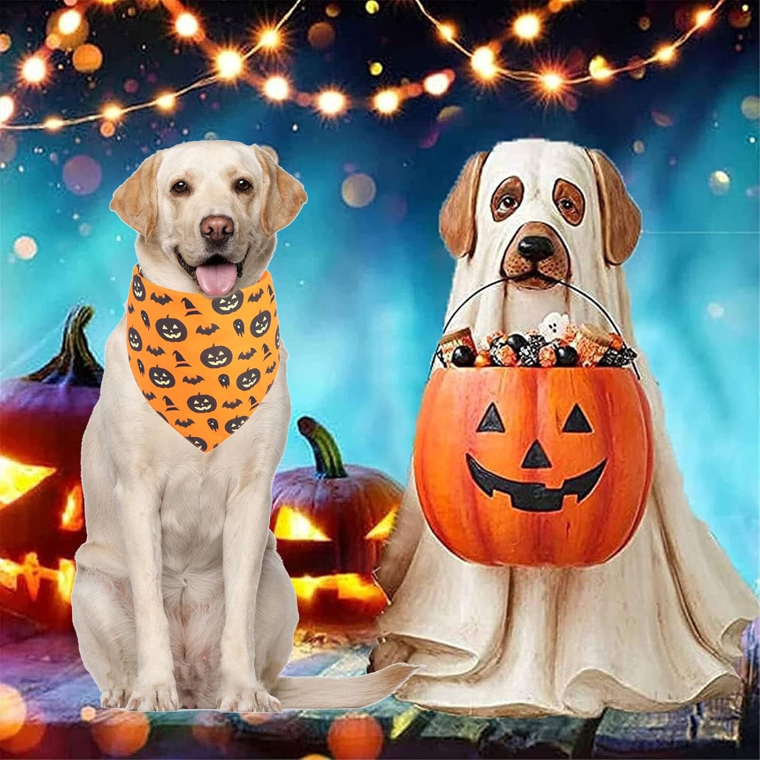 Halloween Dog Cat Bandanas 2PCS, Reversible Triangle Pet Scarf with Pumpkin, Spider, Bat, Ghost Holiday Design
