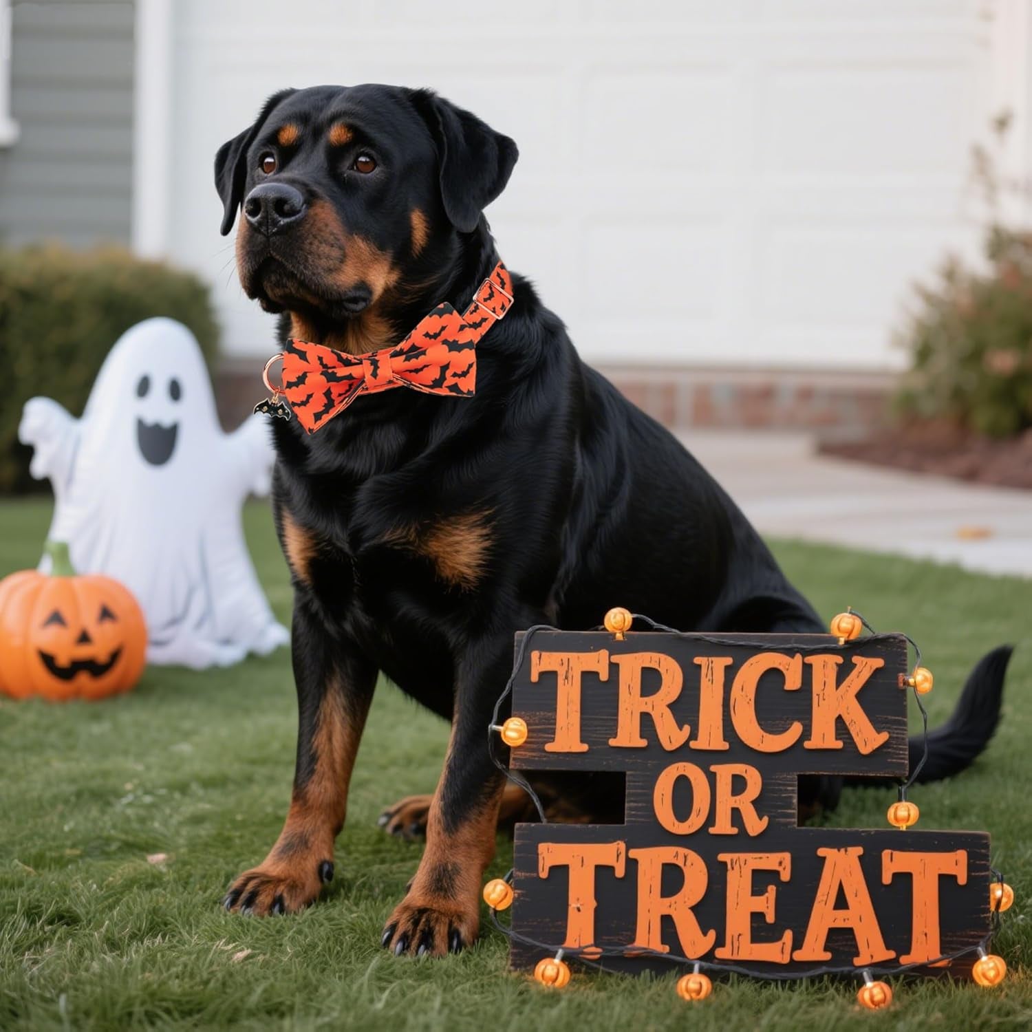 Halloween Dog Collar, Orange Bat Print, Bowtie Charm, Adjustable, Metal Buckle, Large