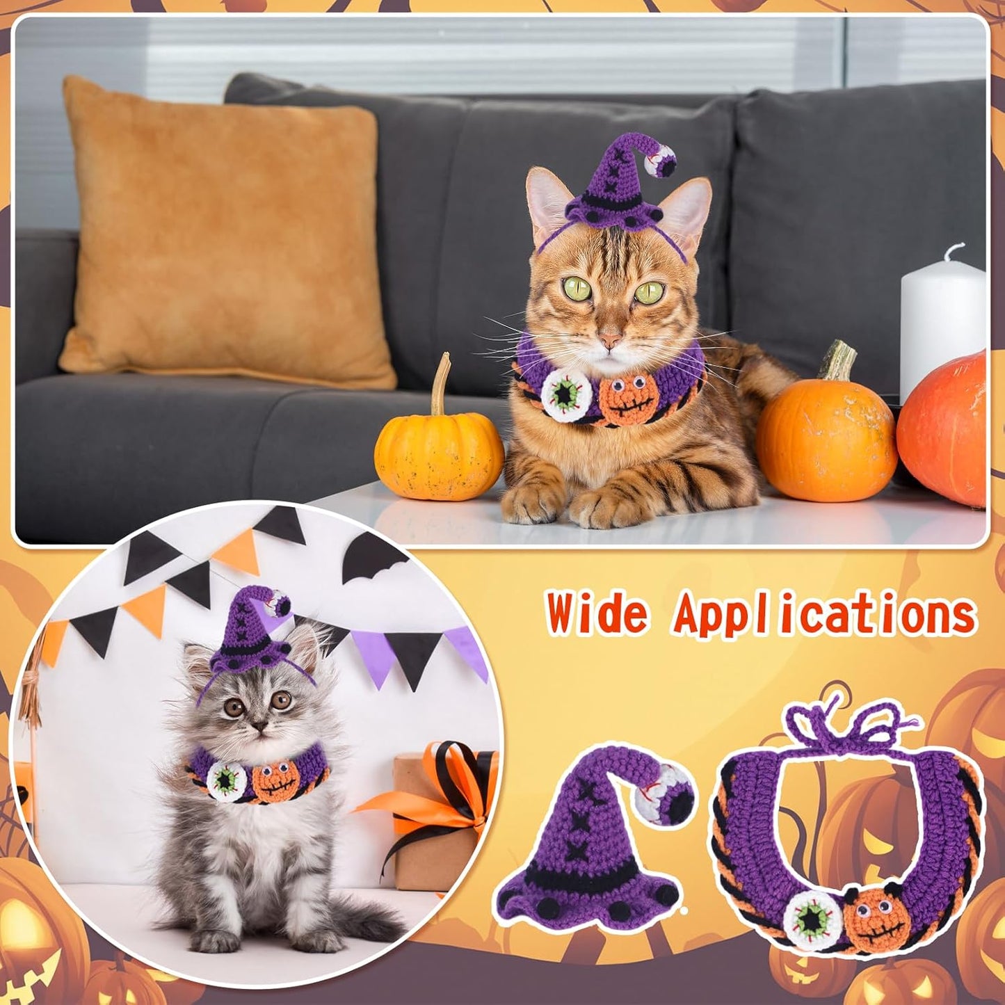 Halloween Pet Costume Set for Cats Small Dog Adjustable Knitted Hat Scarf Pumpkin & Witch Print Puppy Bib Cute Crochet Cat Collar Cap Pet Apparel Outfit (Purple-Eyes)