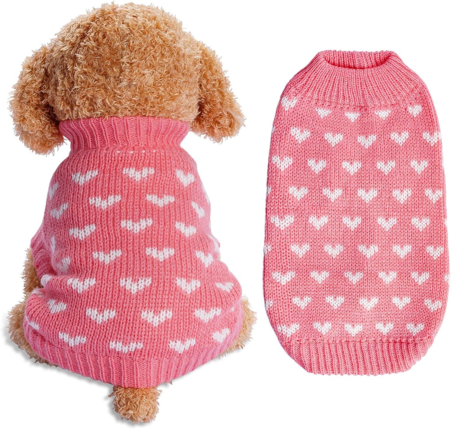 Warm Knitted Dog Sweater with Heart – Puppy & Small Cat Winter Clothes (Pink, S)
