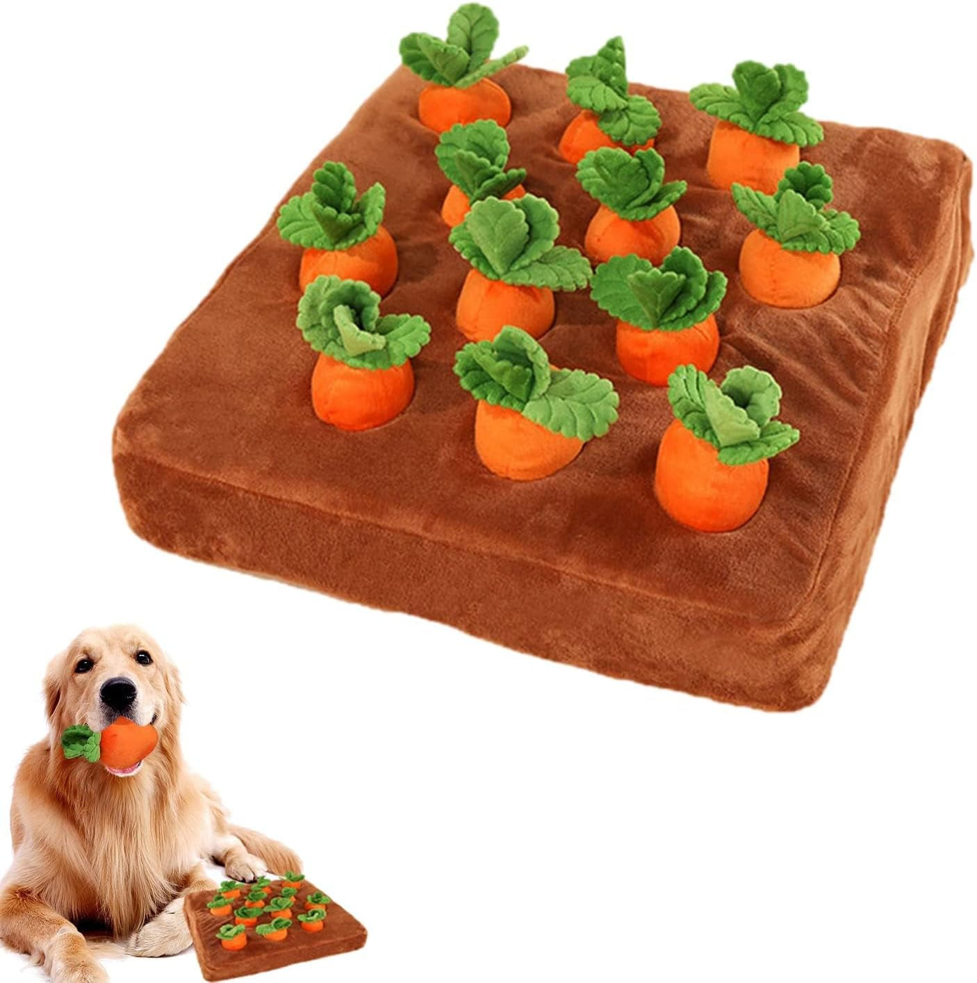 Carrot Dog Snuffle Mat, Interactive Plush Puzzle Toy for Cats and Dogs, Slow Feeding Nosework Game with 12 Carrots