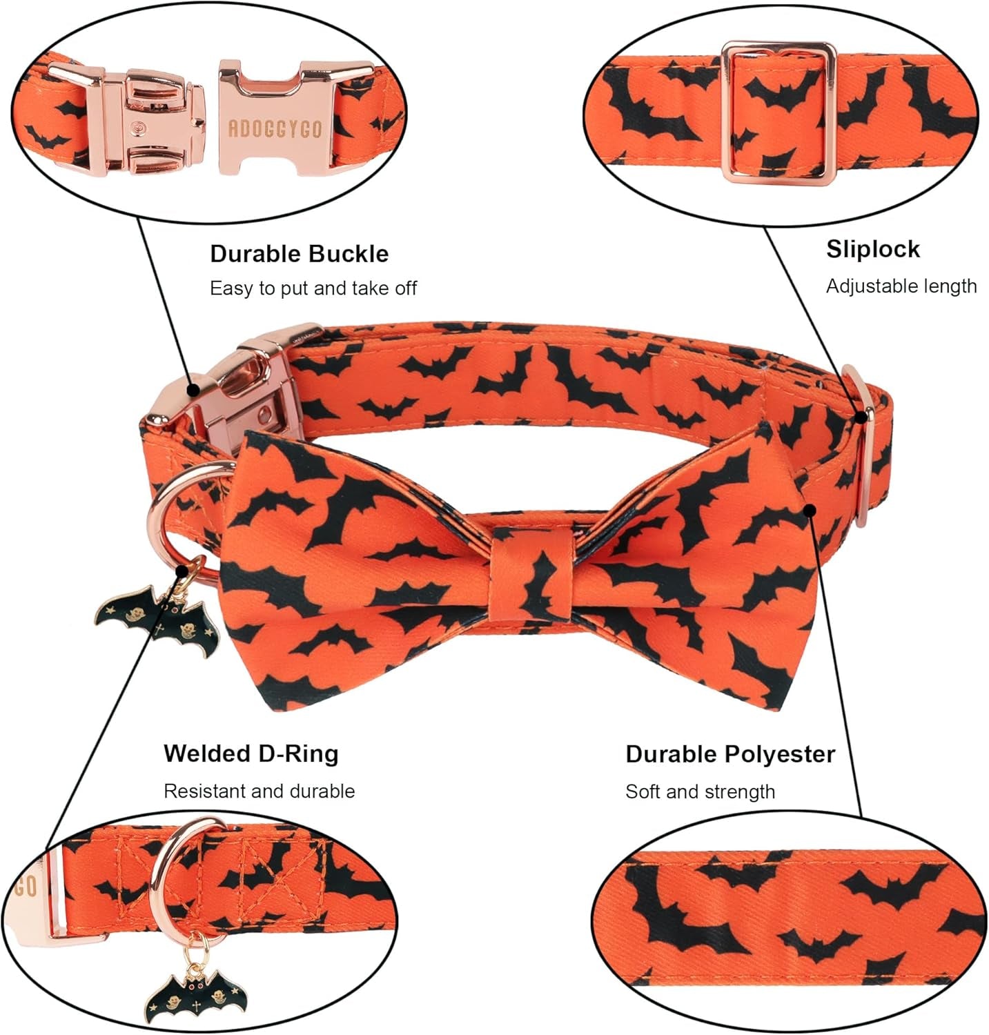 Halloween Dog Collar, Orange Bat Print, Bowtie Charm, Adjustable, Metal Buckle, Large