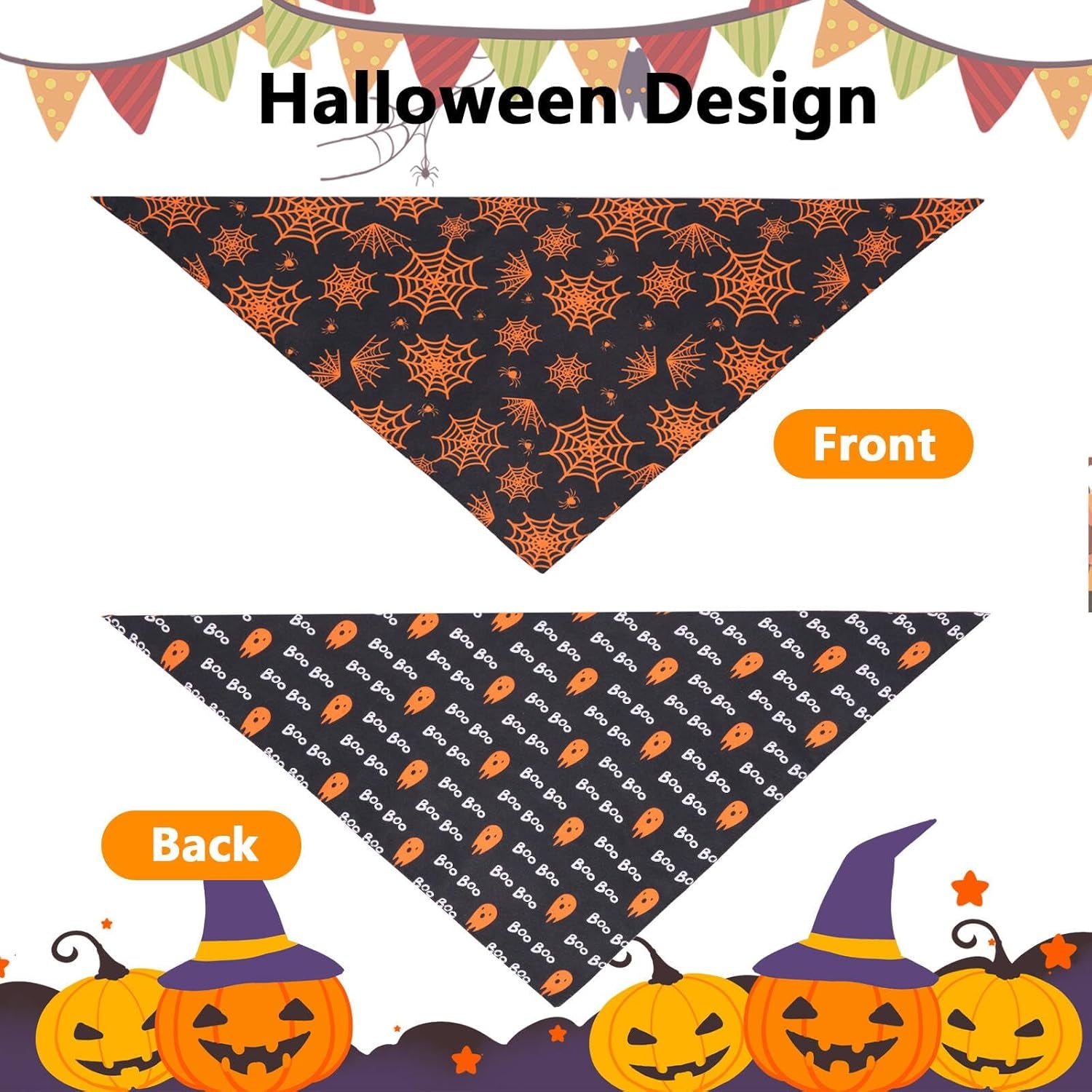 Halloween Dog Cat Bandanas 2PCS, Reversible Triangle Pet Scarf with Pumpkin, Spider, Bat, Ghost Holiday Design